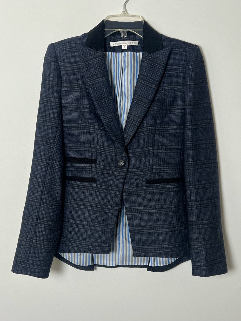 Veronica Beard Navy Plaid Wool Blend Blazer